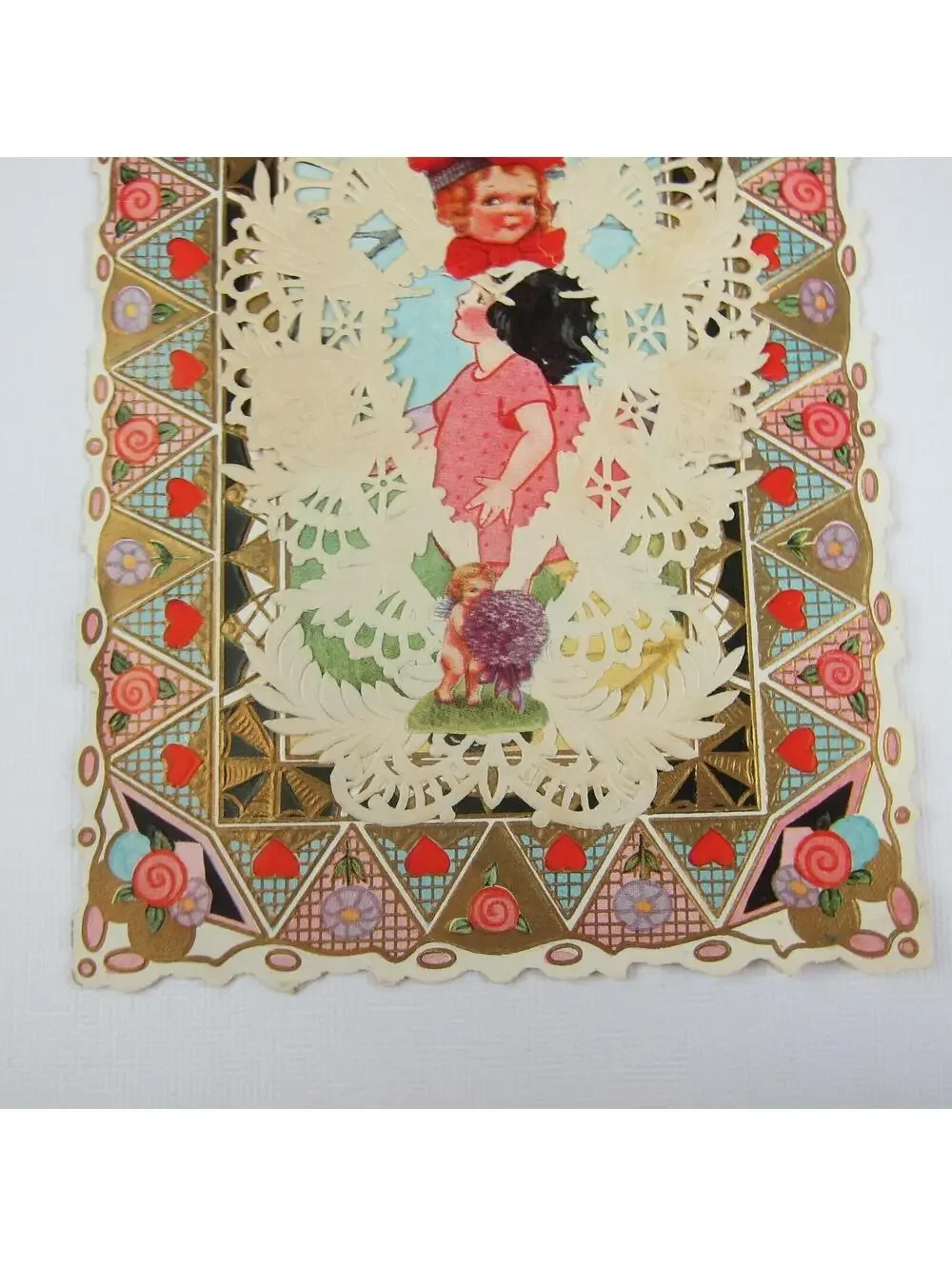 Antique Valentine Girl Pink Dress Cupid Purple Flowers Boy Hammock UNSIGNED